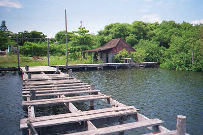 Old shack and dock along the lagoon.