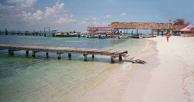 Beach and dock in front of hotel.