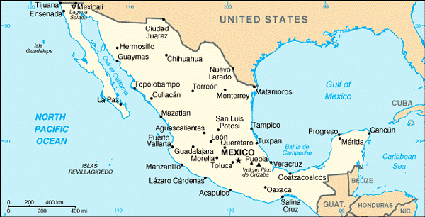 Map of Mexico including cities of interest